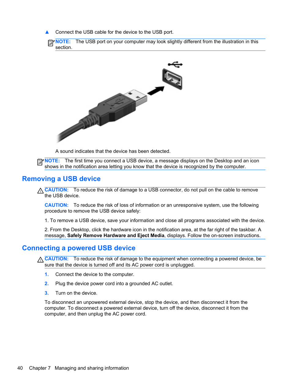 Removing a usb device, Connecting a powered usb device | HP Pavilion g4-2235dx Notebook PC User Manual | Page 50 / 84