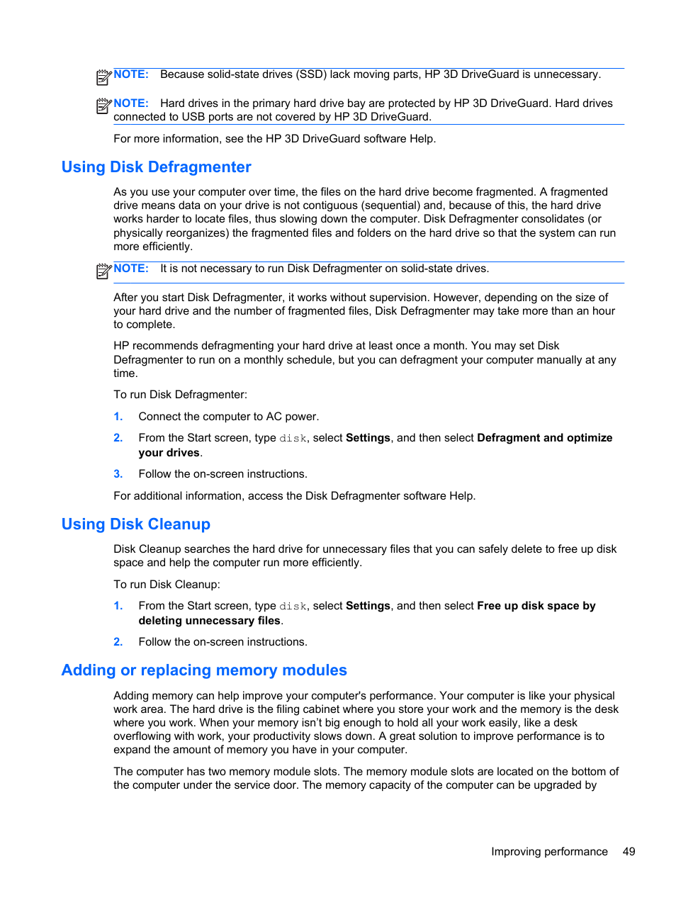Using disk defragmenter, Using disk cleanup, Adding or replacing memory modules | HP Pavilion g4-2235dx Notebook PC User Manual | Page 59 / 84