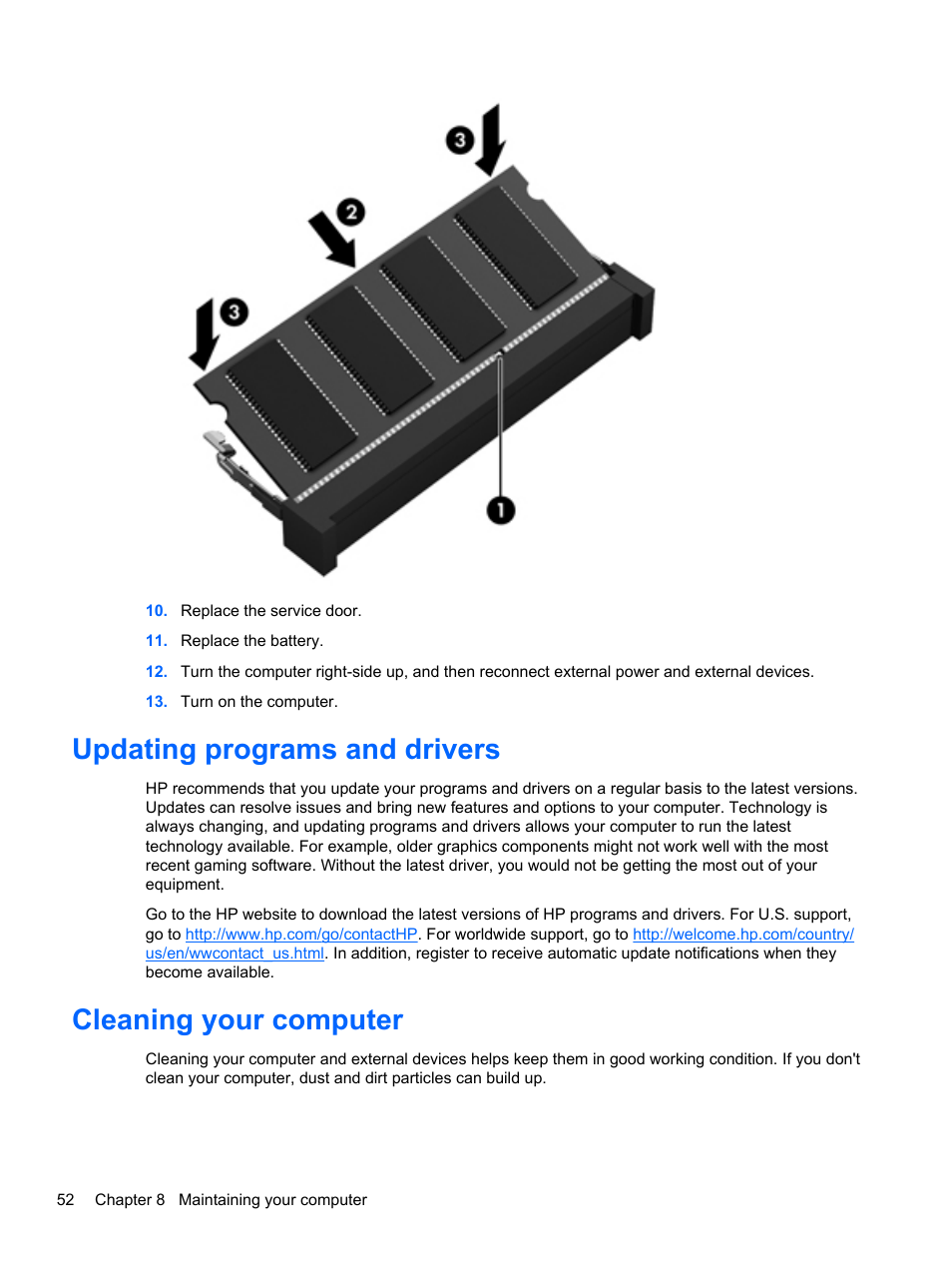 Updating programs and drivers, Cleaning your computer | HP Pavilion g4-2235dx Notebook PC User Manual | Page 62 / 84