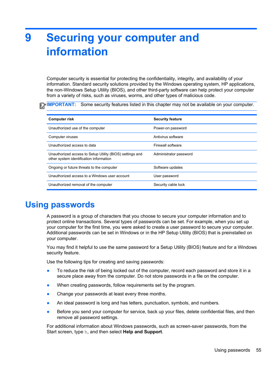 Securing your computer and information, Using passwords, 9 securing your computer and information | 9securing your computer and information | HP Pavilion g4-2235dx Notebook PC User Manual | Page 65 / 84