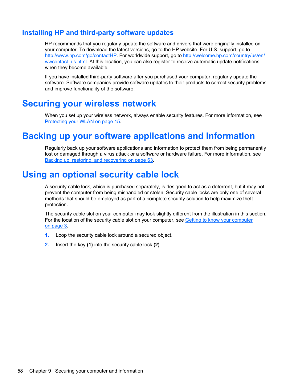 Installing hp and third-party software updates, Securing your wireless network, Using an optional security cable lock | HP Pavilion g4-2235dx Notebook PC User Manual | Page 68 / 84