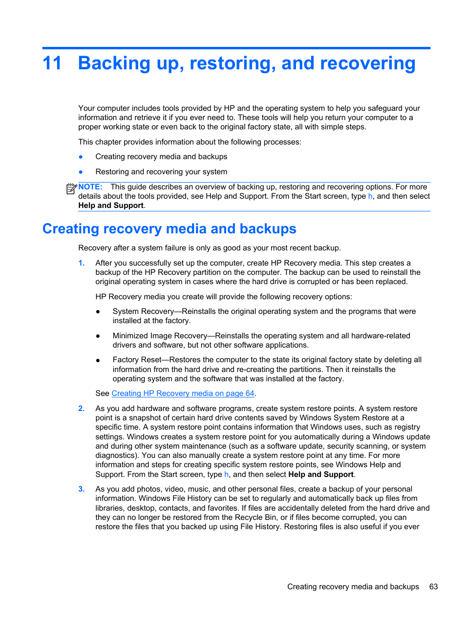 Backing up, restoring, and recovering, Creating recovery media and backups, 11 backing up, restoring, and recovering | Backing up | HP Pavilion g4-2235dx Notebook PC User Manual | Page 73 / 84