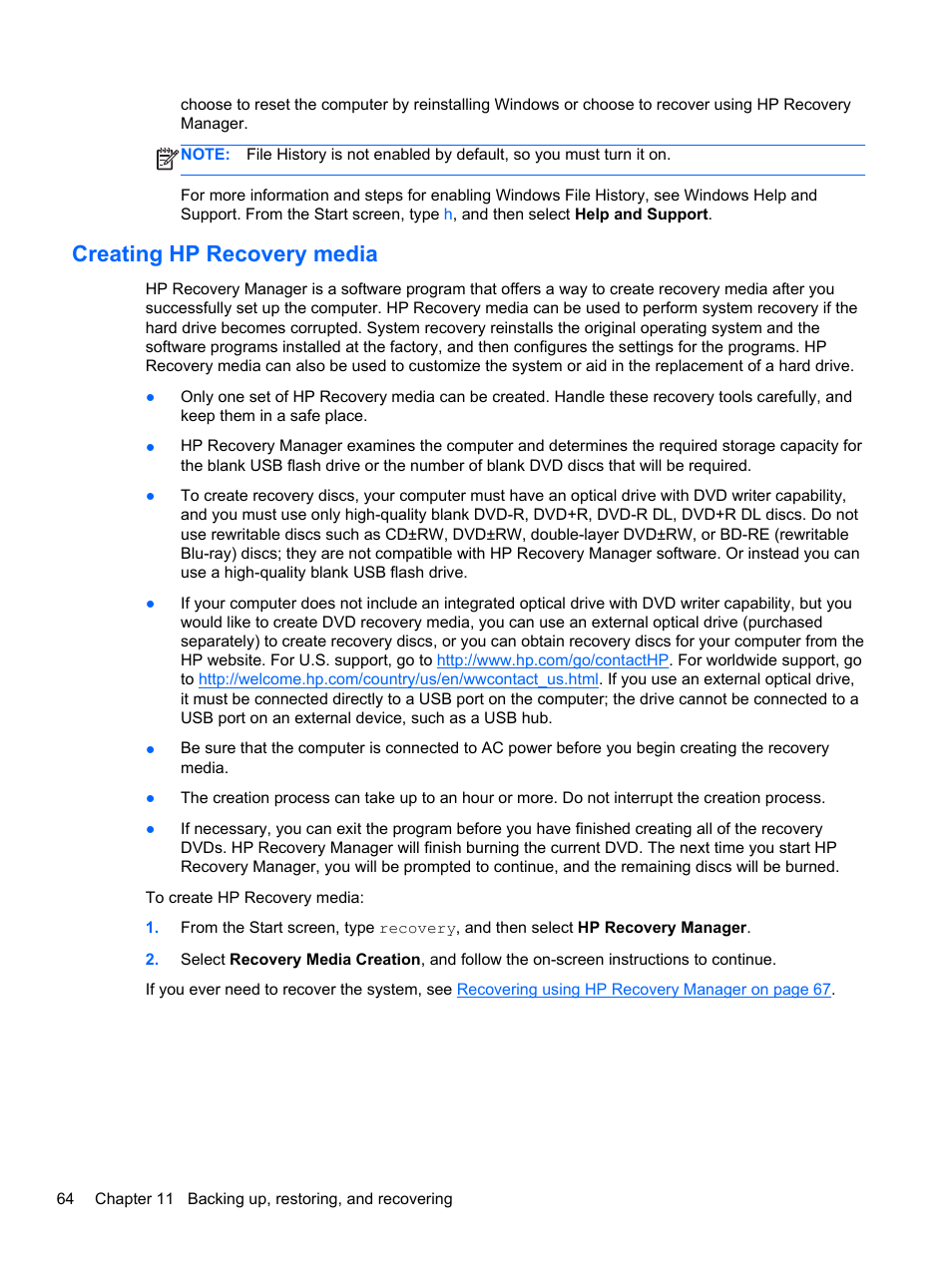 Creating hp recovery media | HP Pavilion g4-2235dx Notebook PC User Manual | Page 74 / 84
