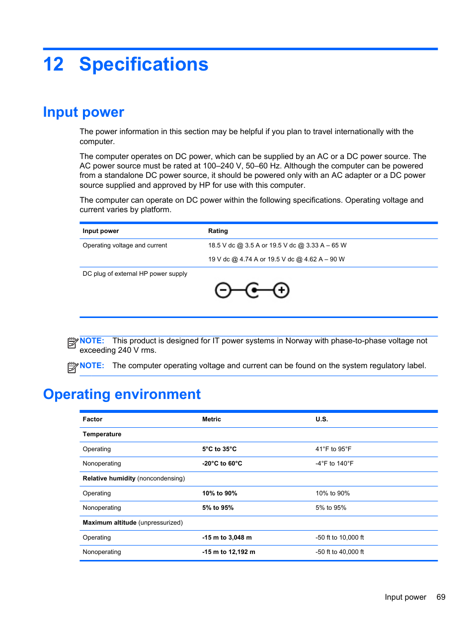 Specifications, Input power, Operating environment | 12 specifications, Input power operating environment | HP Pavilion g4-2235dx Notebook PC User Manual | Page 79 / 84