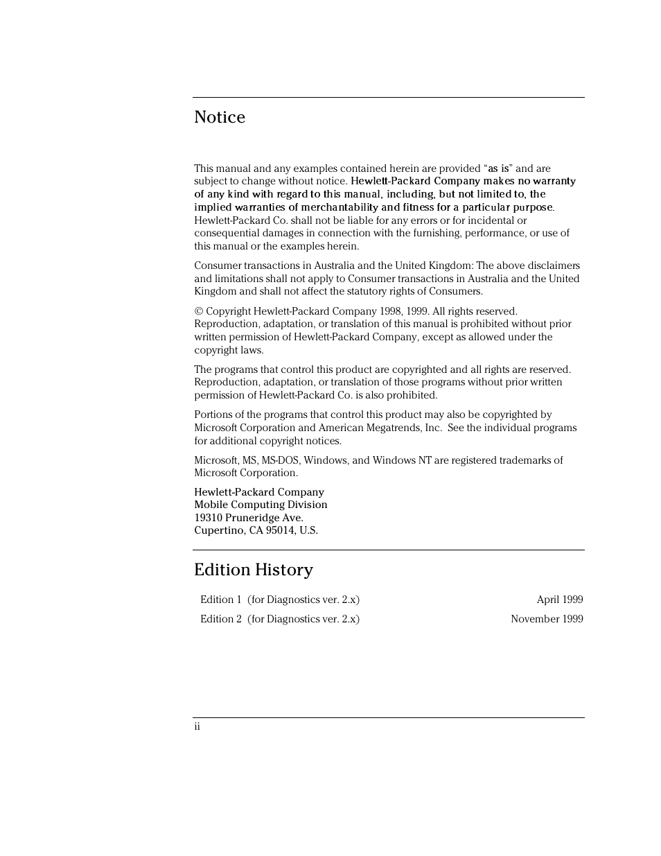 Notice, Edition history | HP OmniBook 4150 Notebook PC User Manual | Page 2 / 44