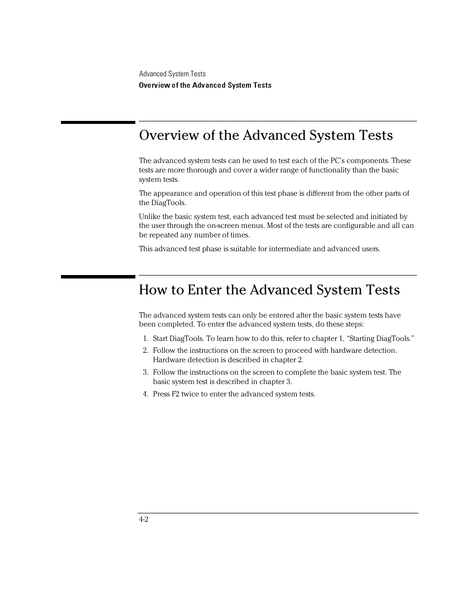 Overview of the advanced system tests, How to enter the advanced system tests | HP OmniBook 4150 Notebook PC User Manual | Page 30 / 44