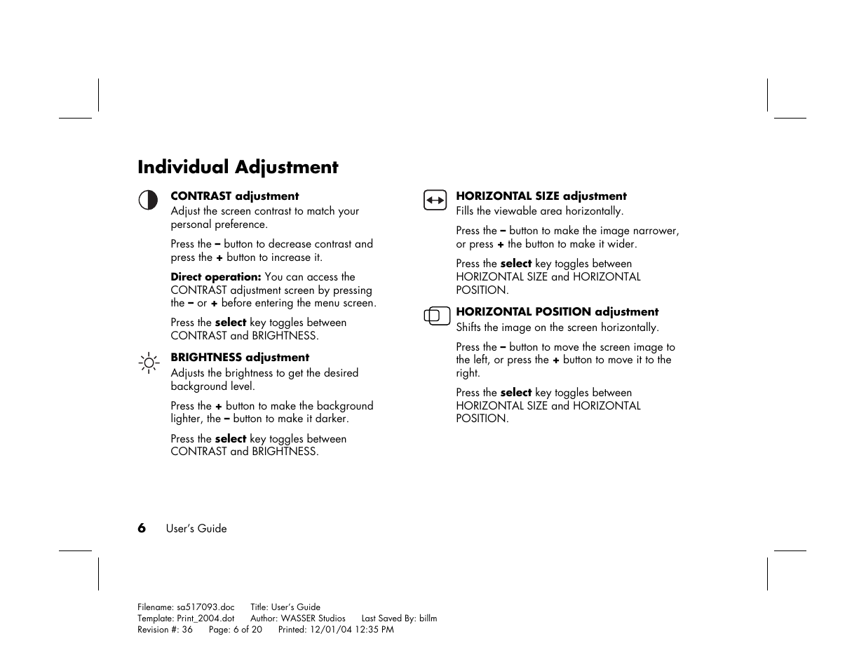 Individual adjustment | HP mx705c 17 inch Bulk CRT Monitor User Manual | Page 12 / 66