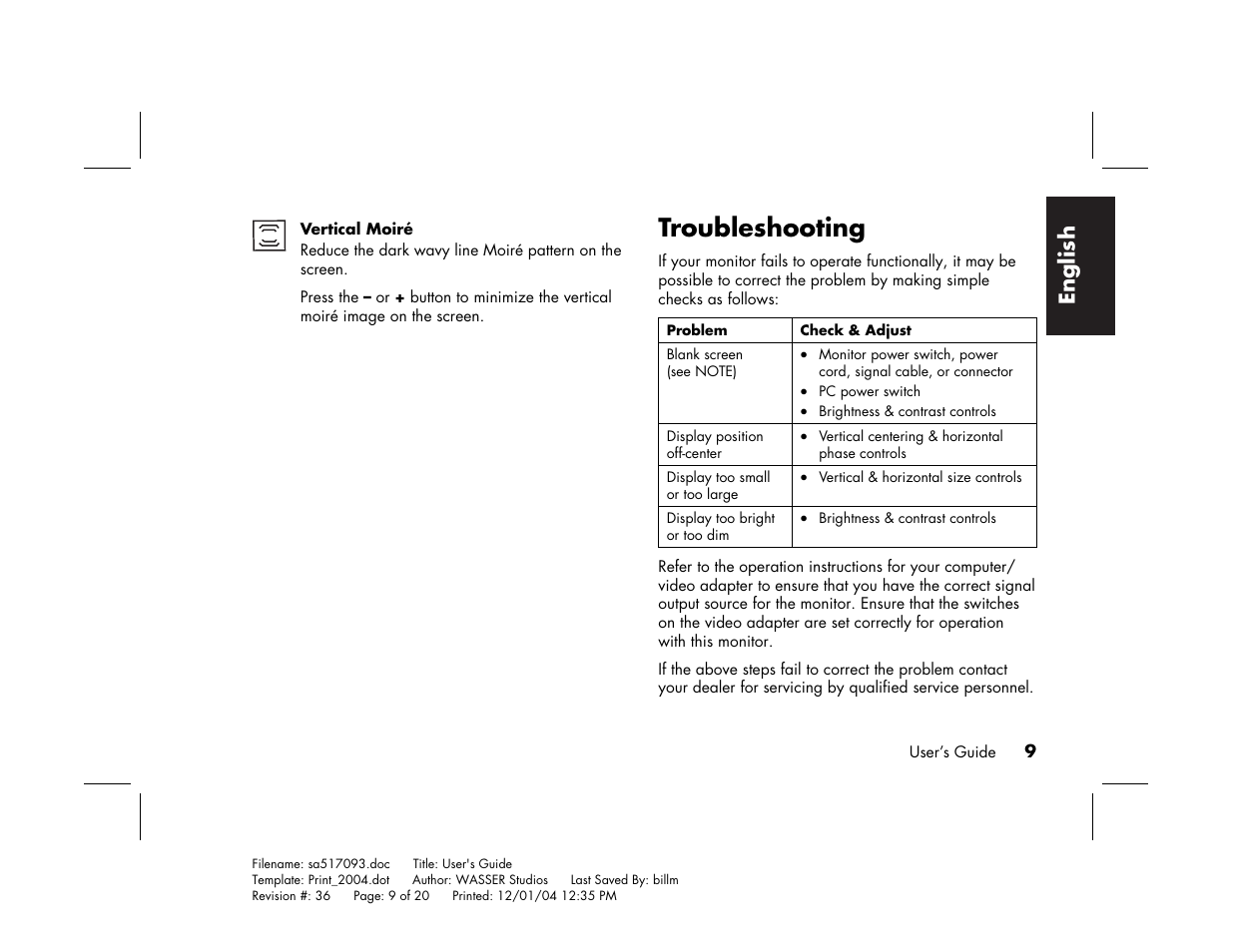 Troubleshooting, English | HP mx705c 17 inch Bulk CRT Monitor User Manual | Page 15 / 66
