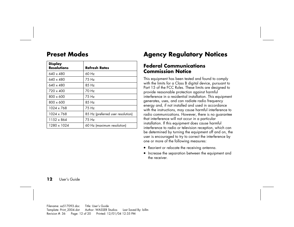 Preset modes, Agency regulatory notices, Federal communications commission notice | HP mx705c 17 inch Bulk CRT Monitor User Manual | Page 18 / 66