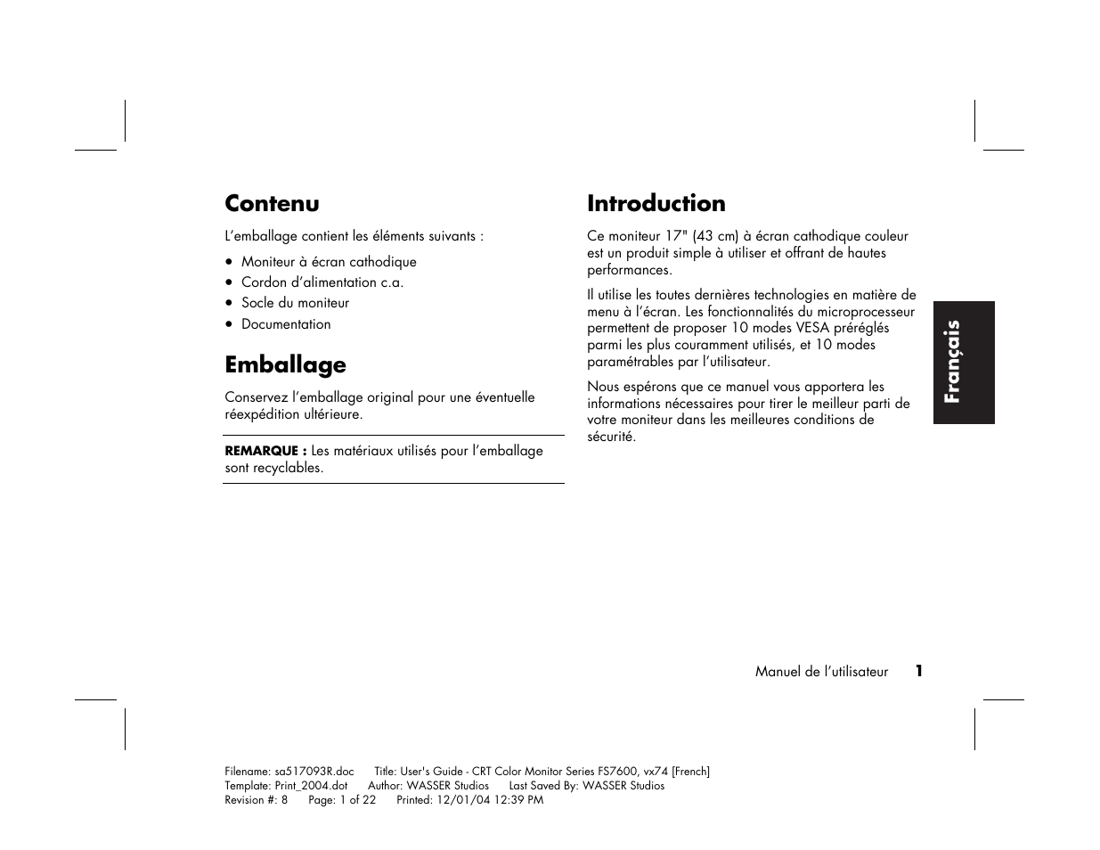 Contenu, Emballage, Introduction | HP mx705c 17 inch Bulk CRT Monitor User Manual | Page 27 / 66