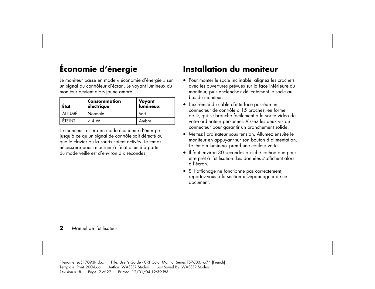 Économie d’énergie, Installation du moniteur | HP mx705c 17 inch Bulk CRT Monitor User Manual | Page 28 / 66
