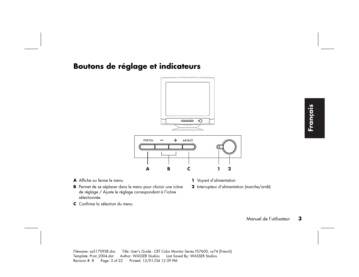 Boutons de réglage et indicateurs, Français | HP mx705c 17 inch Bulk CRT Monitor User Manual | Page 29 / 66