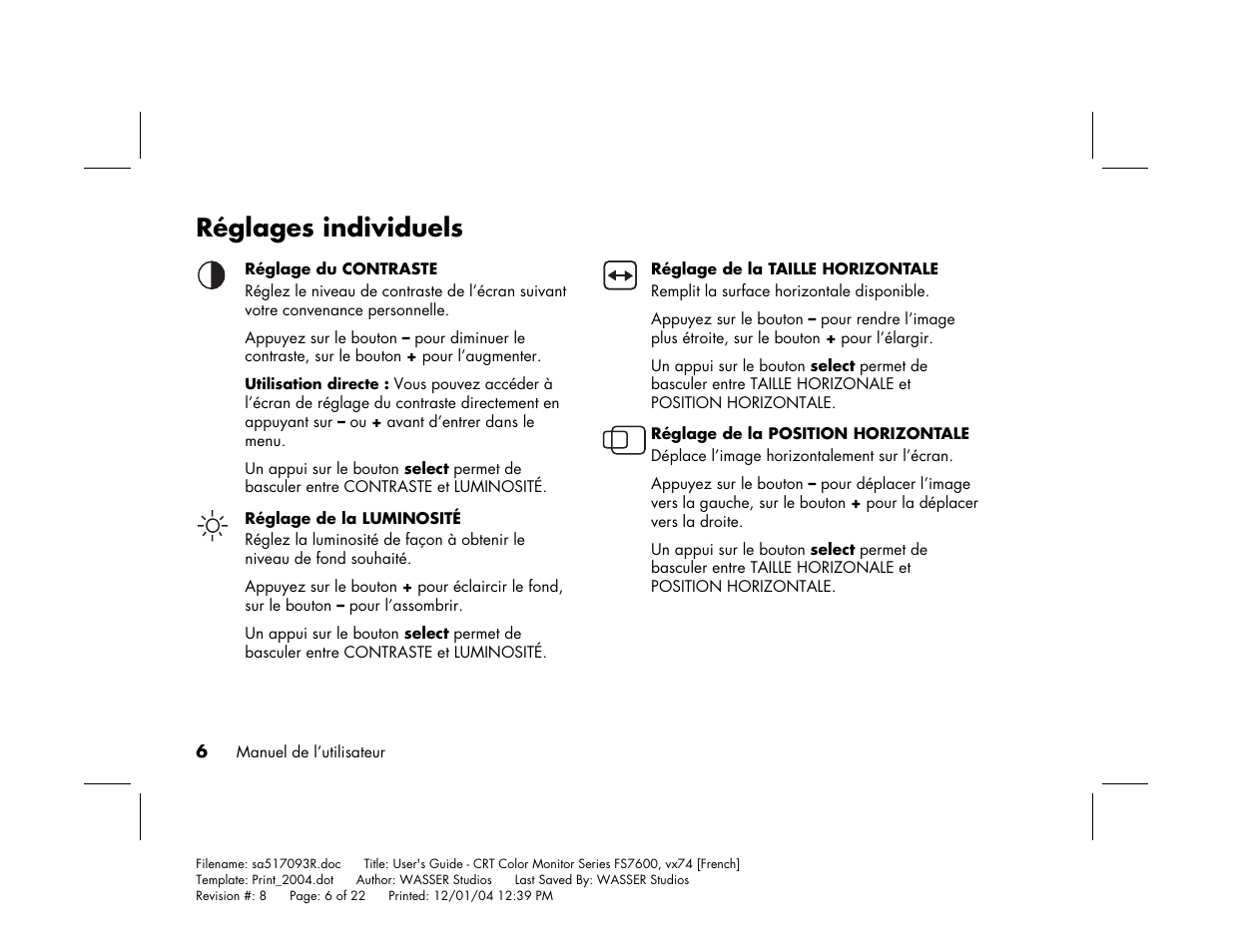 Réglages individuels | HP mx705c 17 inch Bulk CRT Monitor User Manual | Page 32 / 66