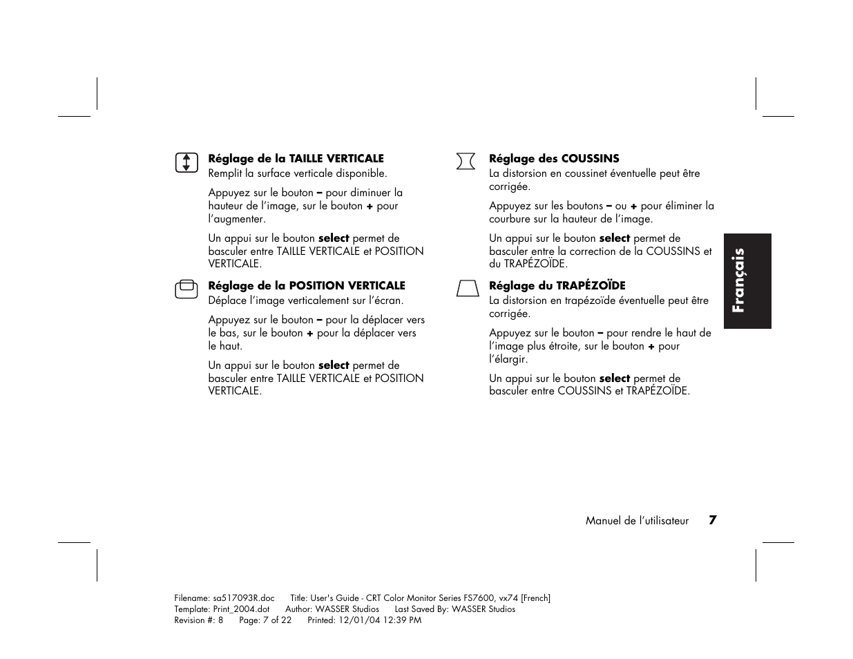 Français | HP mx705c 17 inch Bulk CRT Monitor User Manual | Page 33 / 66