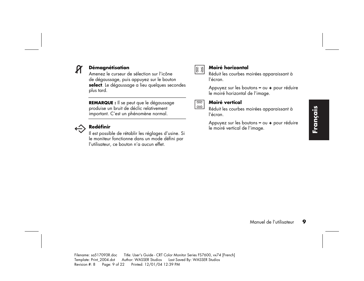 Français | HP mx705c 17 inch Bulk CRT Monitor User Manual | Page 35 / 66