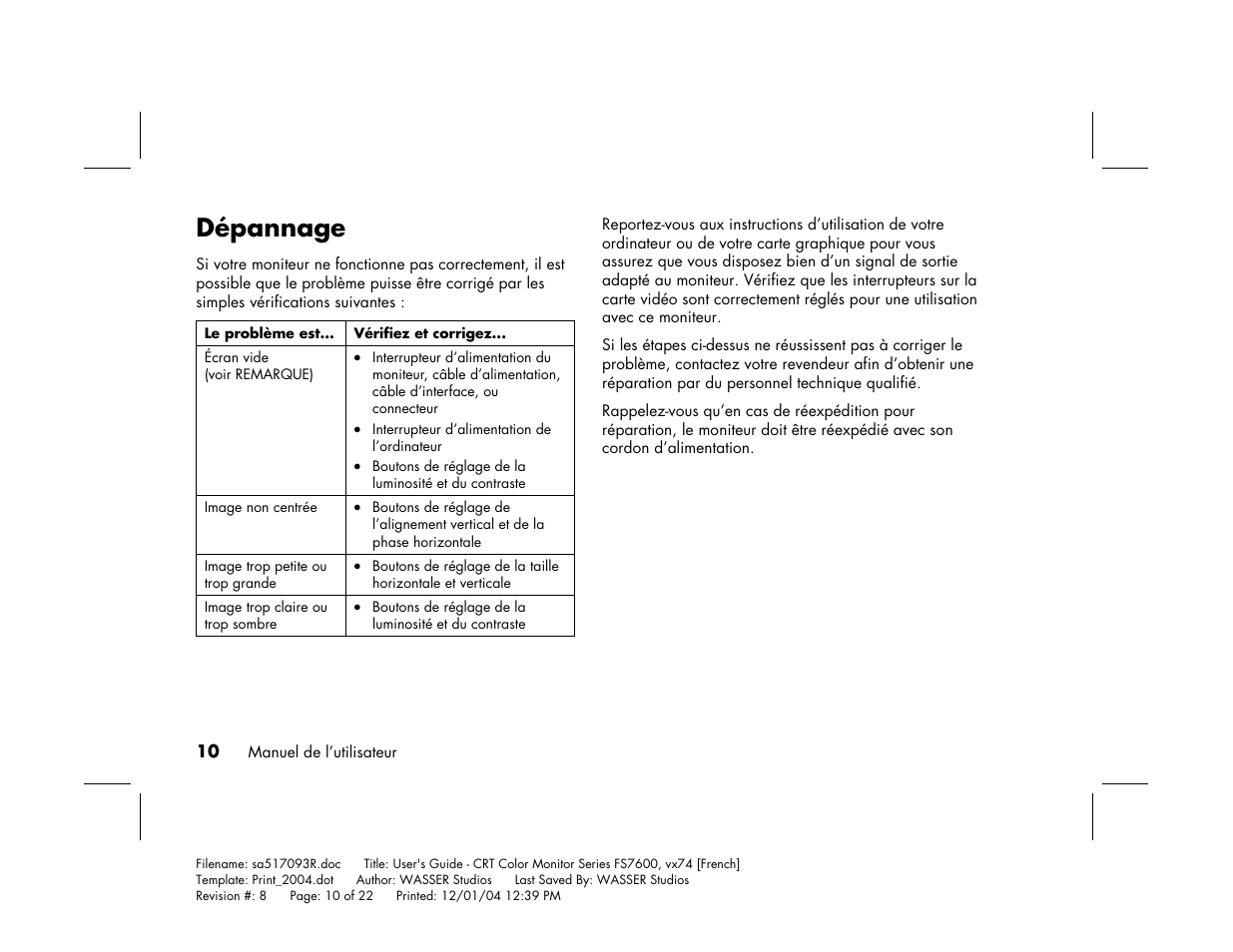 Dépannage | HP mx705c 17 inch Bulk CRT Monitor User Manual | Page 36 / 66