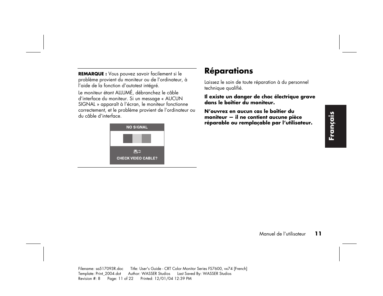 Réparations, Français | HP mx705c 17 inch Bulk CRT Monitor User Manual | Page 37 / 66