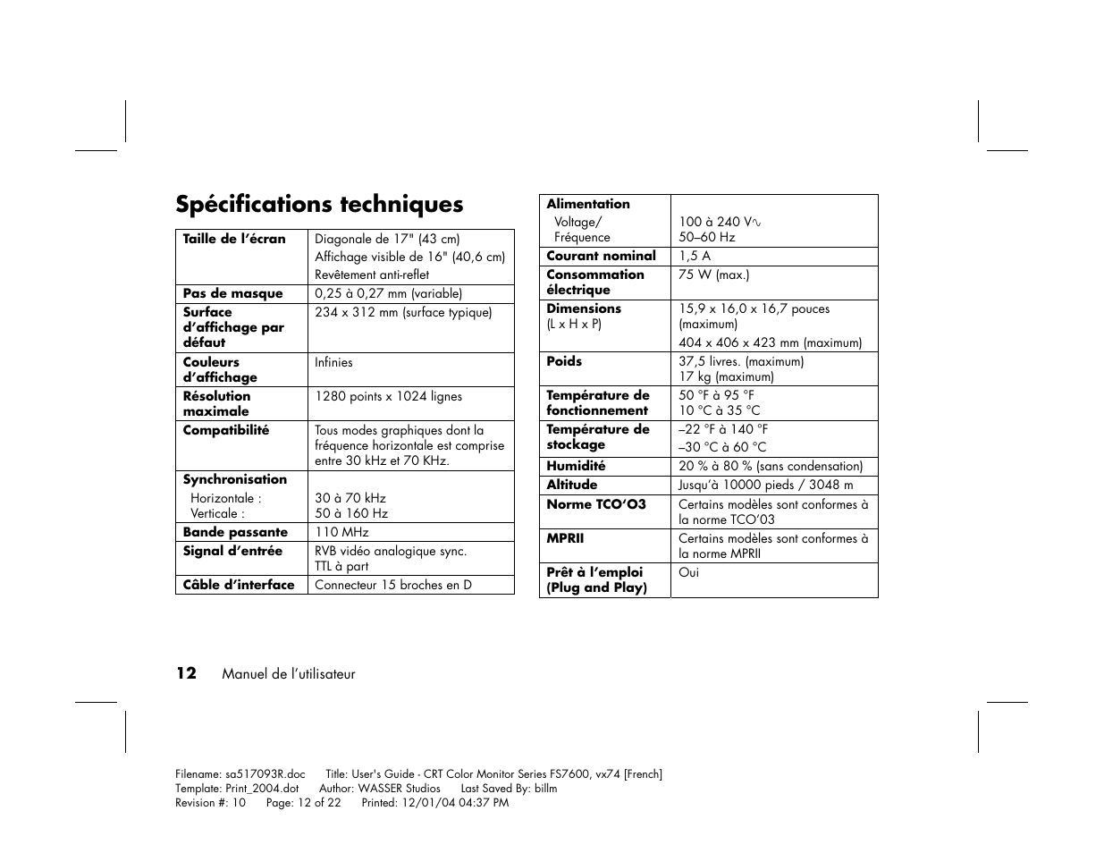 Spécifications techniques | HP mx705c 17 inch Bulk CRT Monitor User Manual | Page 38 / 66