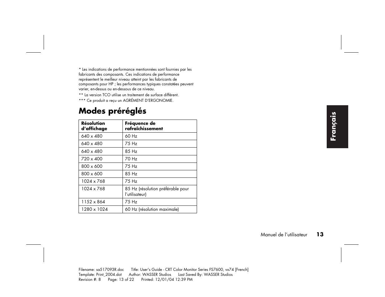 Modes préréglés, Français | HP mx705c 17 inch Bulk CRT Monitor User Manual | Page 39 / 66