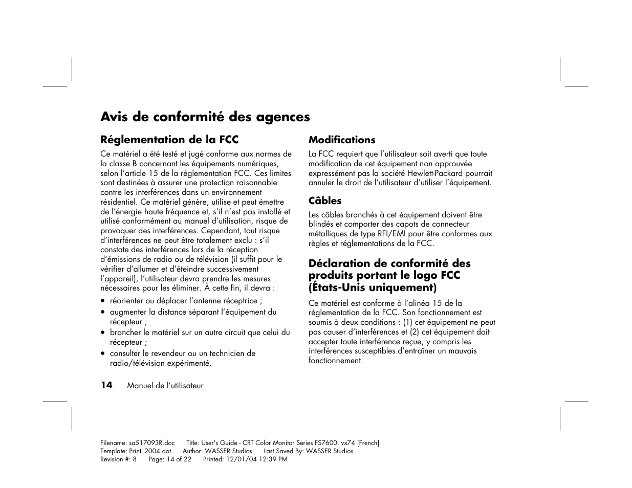 Avis de conformité des agences | HP mx705c 17 inch Bulk CRT Monitor User Manual | Page 40 / 66