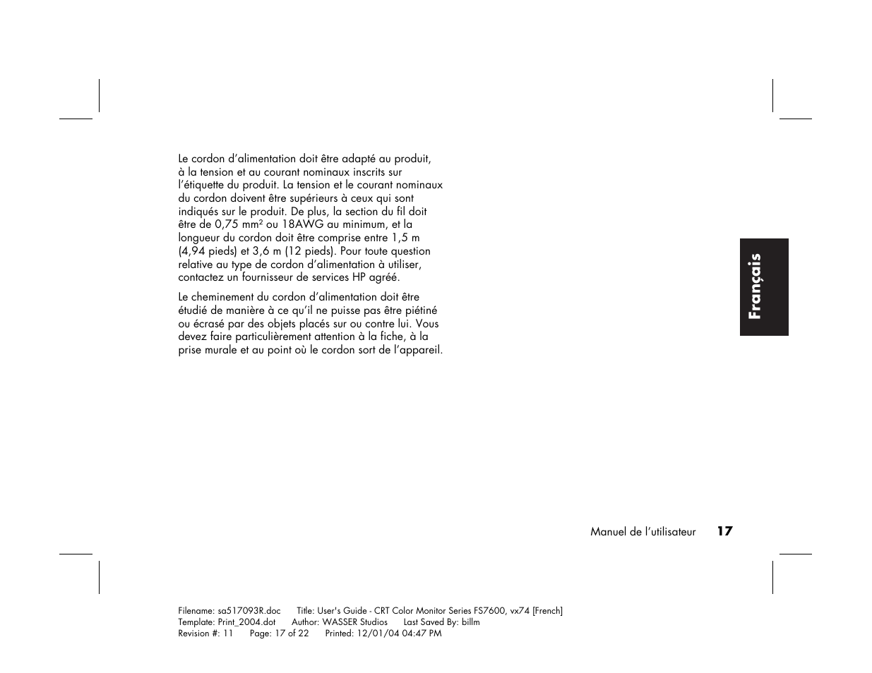 Français | HP mx705c 17 inch Bulk CRT Monitor User Manual | Page 43 / 66