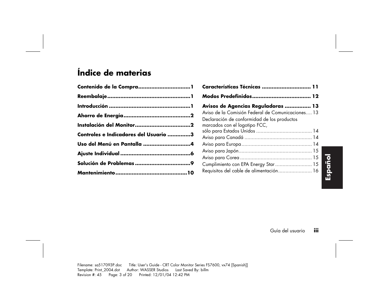 Índice de materias, Español | HP mx705c 17 inch Bulk CRT Monitor User Manual | Page 47 / 66