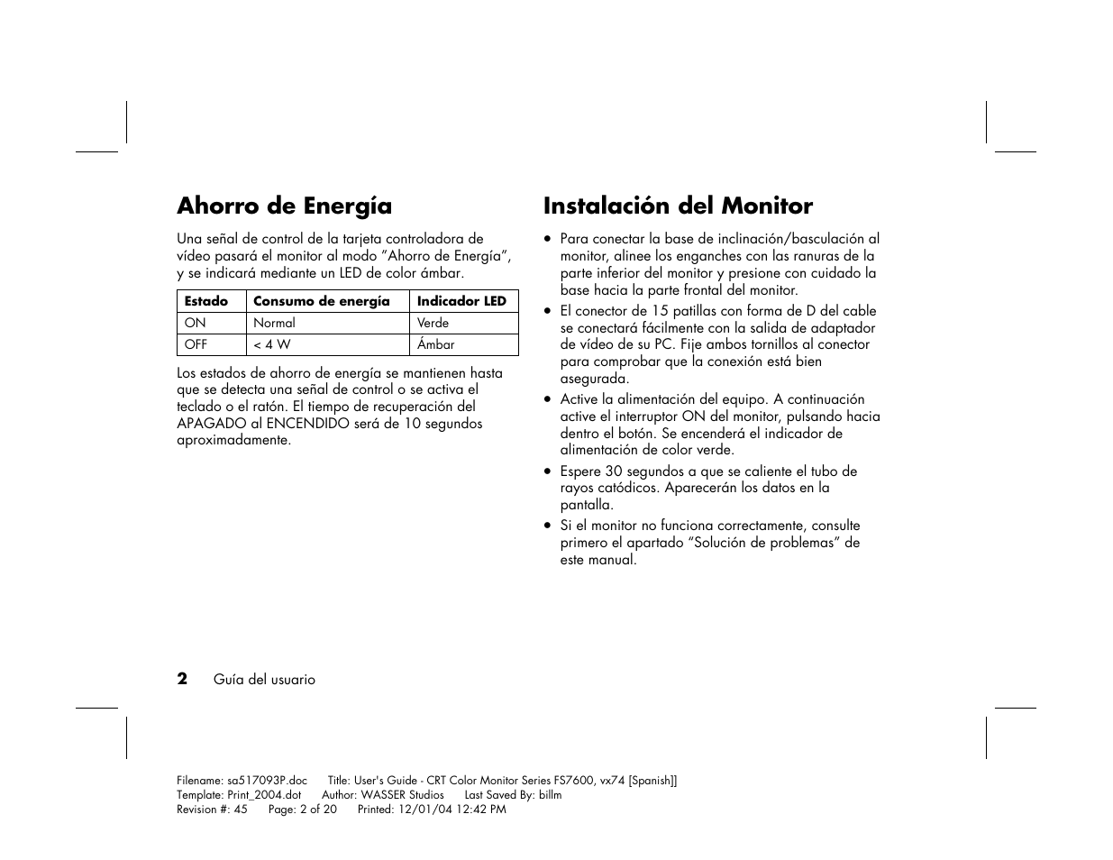 Ahorro de energía, Instalación del monitor | HP mx705c 17 inch Bulk CRT Monitor User Manual | Page 50 / 66