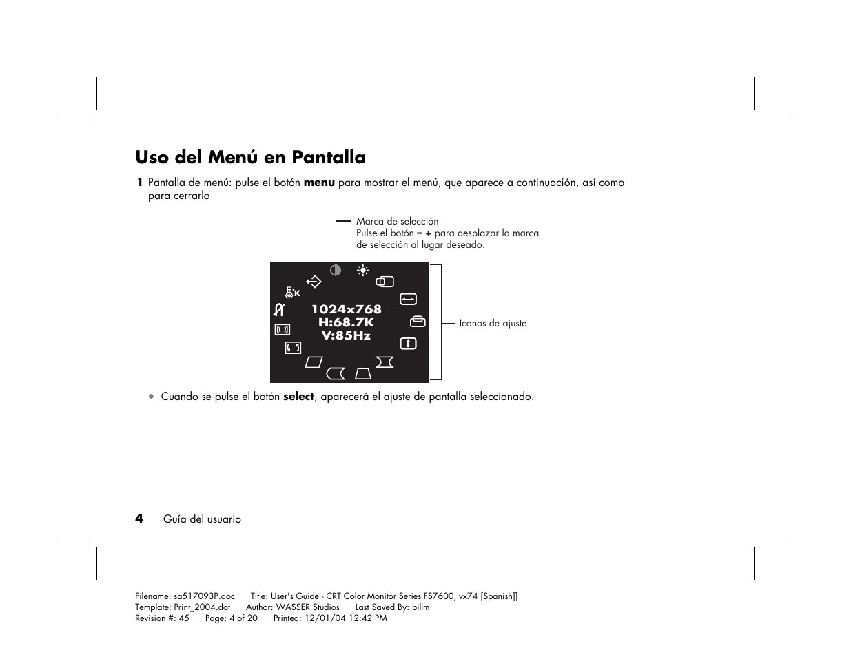 Uso del menú en pantalla | HP mx705c 17 inch Bulk CRT Monitor User Manual | Page 52 / 66