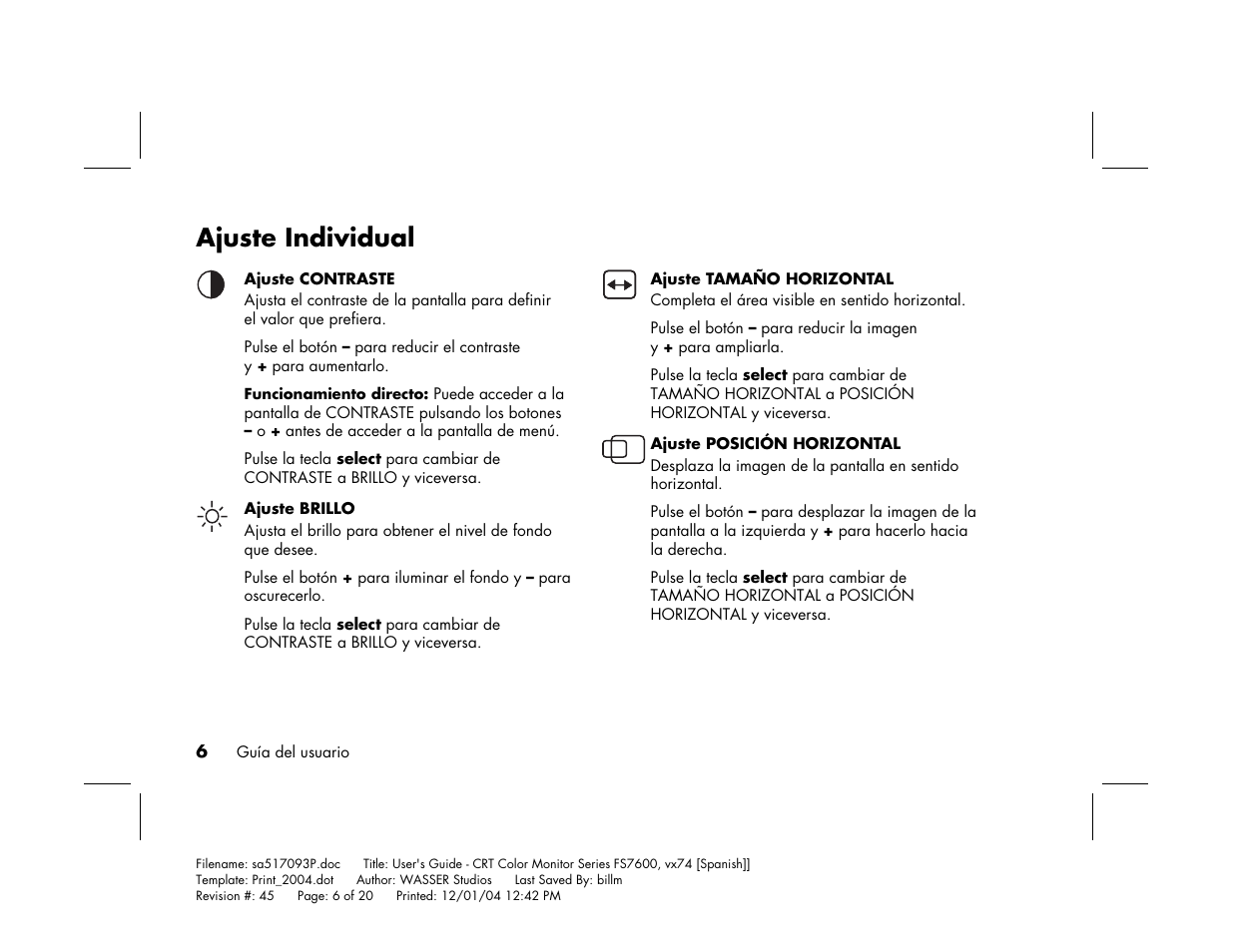 Ajuste individual | HP mx705c 17 inch Bulk CRT Monitor User Manual | Page 54 / 66