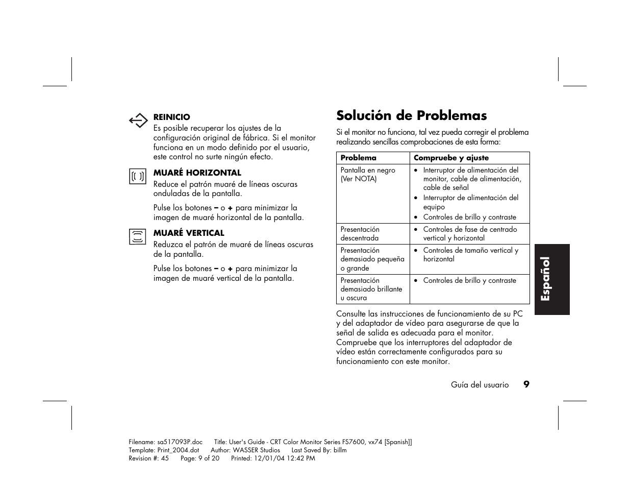 Solución de problemas, Español | HP mx705c 17 inch Bulk CRT Monitor User Manual | Page 57 / 66