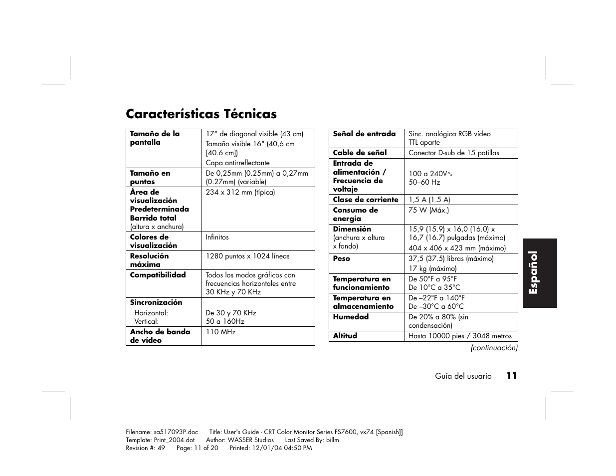 Características técnicas, Español | HP mx705c 17 inch Bulk CRT Monitor User Manual | Page 59 / 66