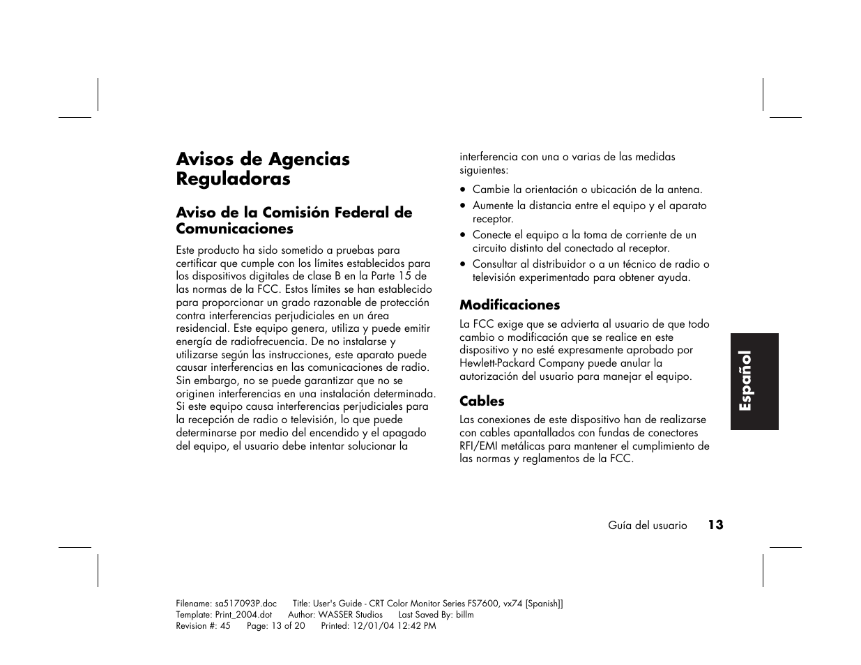 Avisos de agencias reguladoras | HP mx705c 17 inch Bulk CRT Monitor User Manual | Page 61 / 66