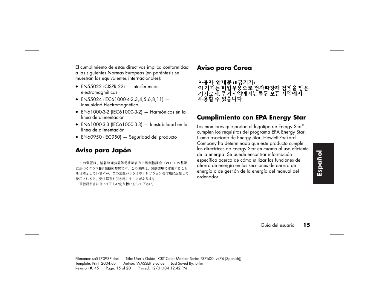 Español | HP mx705c 17 inch Bulk CRT Monitor User Manual | Page 63 / 66