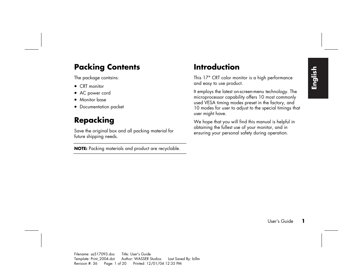 Packing contents, Repacking, Introduction | HP mx705c 17 inch Bulk CRT Monitor User Manual | Page 7 / 66
