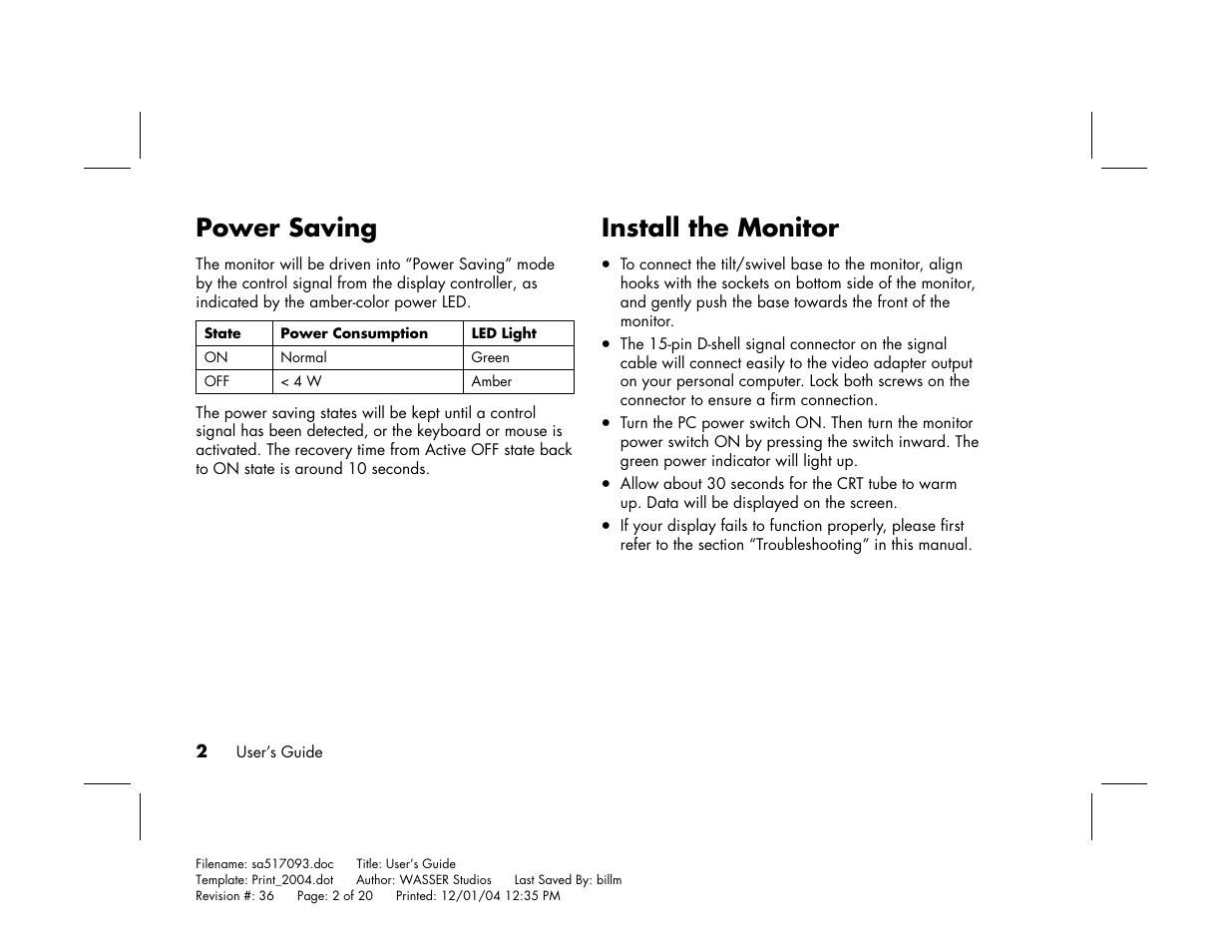 Power saving, Install the monitor | HP mx705c 17 inch Bulk CRT Monitor User Manual | Page 8 / 66