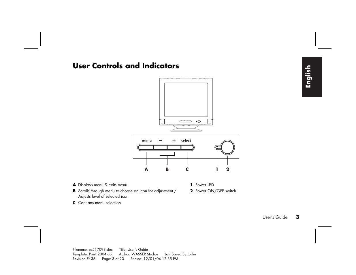 User controls and indicators, English | HP mx705c 17 inch Bulk CRT Monitor User Manual | Page 9 / 66