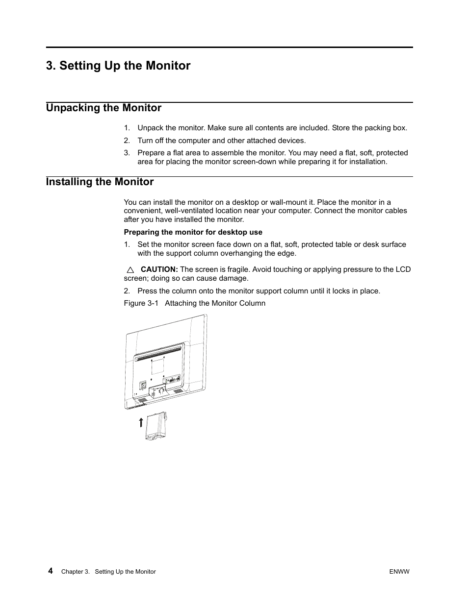 Setting up the monitor, Unpacking the monitor, Turn off the computer and other attached devices | Installing the monitor, Preparing the monitor for desktop use | HP LV2311 23-inch LED Backlit LCD Monitor User Manual | Page 10 / 35
