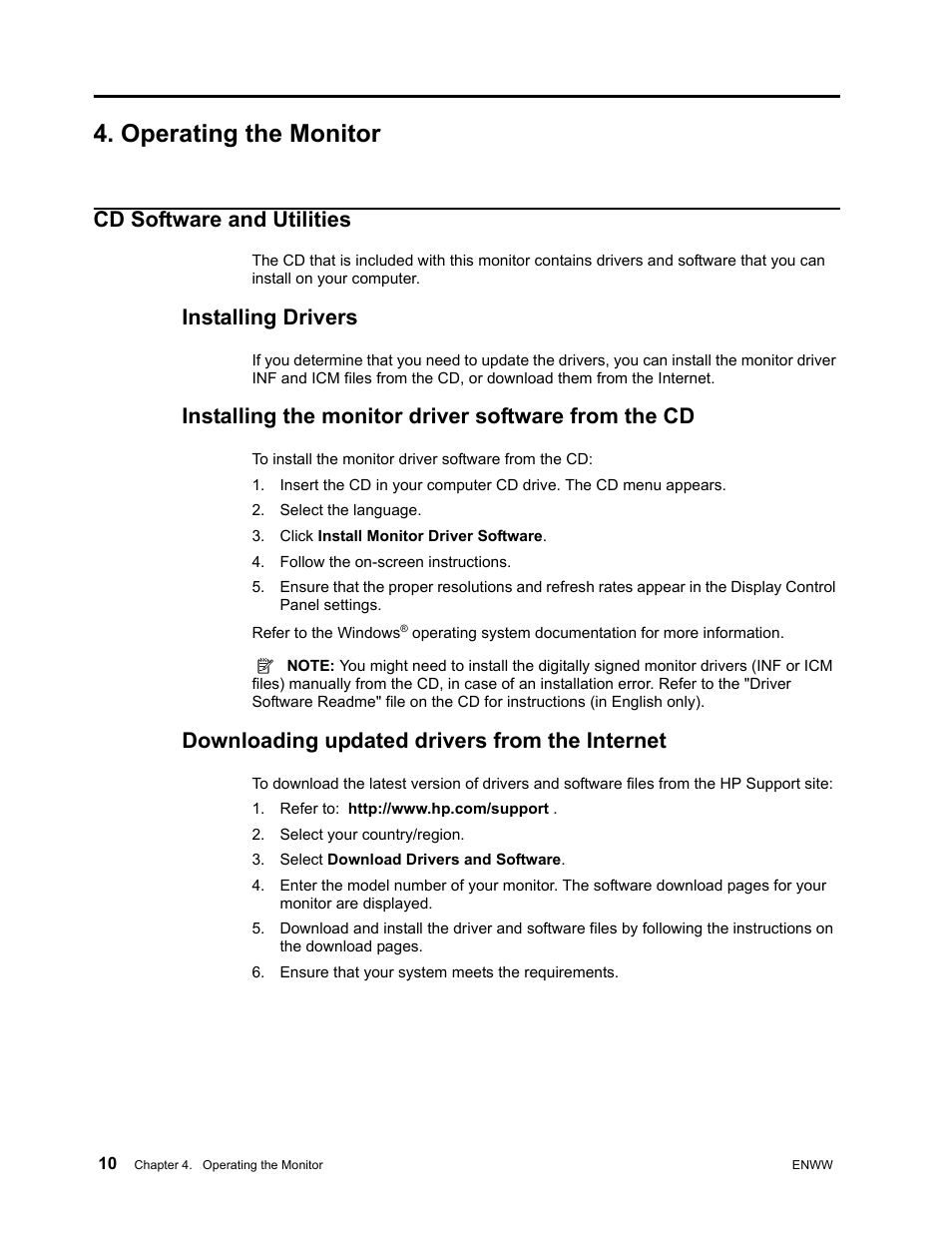 Operating the monitor, Cd software and utilities, Installing drivers | Installing the monitor driver software from the cd, Select the language, Click install monitor driver software, Follow the on-screen instructions, Downloading updated drivers from the internet, Refer to: http://www.hp.com/support, Select your country/region | HP LV2311 23-inch LED Backlit LCD Monitor User Manual | Page 16 / 35