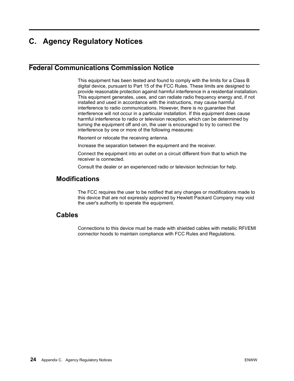 C. agency regulatory notices, Federal communications commission notice, Modifications | Cables | HP LV2311 23-inch LED Backlit LCD Monitor User Manual | Page 30 / 35