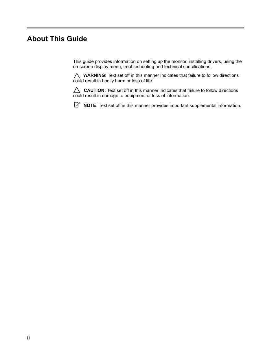 About this guide | HP LV2311 23-inch LED Backlit LCD Monitor User Manual | Page 4 / 35