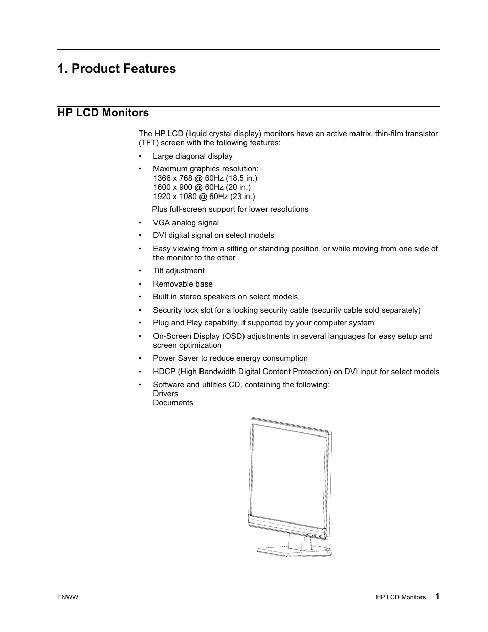Product features, Hp lcd monitors, Large diagonal display | Vga analog signal, Dvi digital signal on select models, Tilt adjustment, Removable base, Built in stereo speakers on select models, Power saver to reduce energy consumption | HP LV2311 23-inch LED Backlit LCD Monitor User Manual | Page 7 / 35