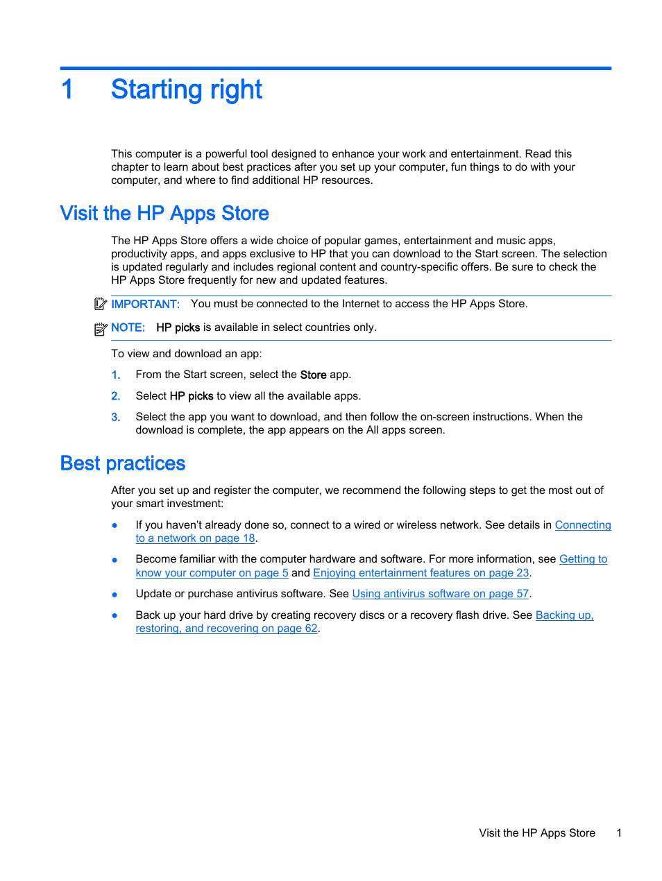 Starting right, Visit the hp apps store, Best practices | 1 starting right, Visit the hp apps store best practices, 1starting right | HP Pavilion 15-p020ca Notebook PC User Manual | Page 13 / 83