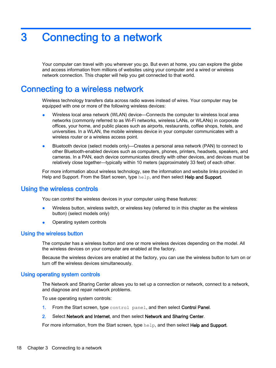 Connecting to a network, Connecting to a wireless network, Using the wireless controls | Using the wireless button, Using operating system controls, 3 connecting to a network, Connecting, 3connecting to a network | HP Pavilion 15-p020ca Notebook PC User Manual | Page 30 / 83