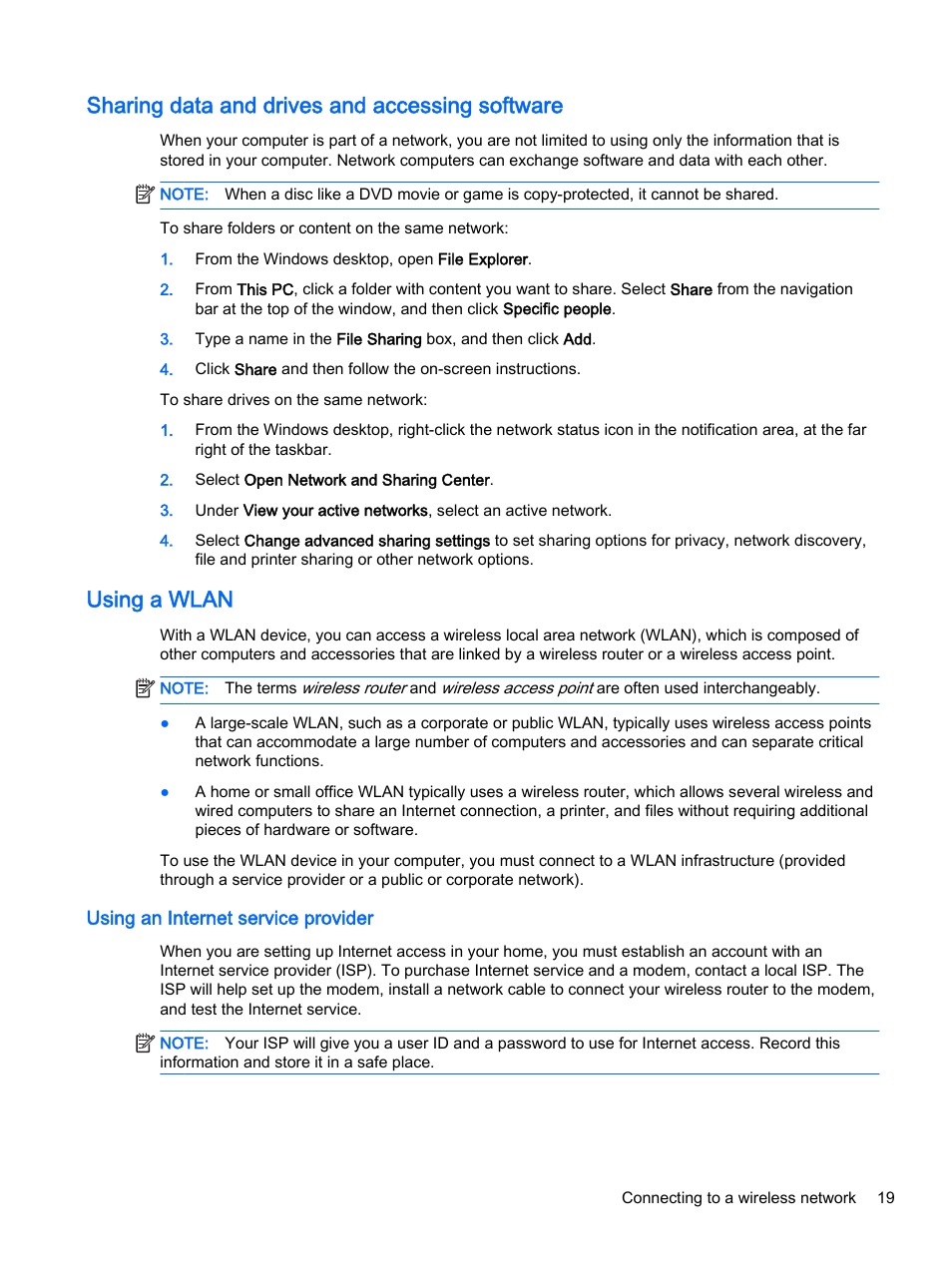 Sharing data and drives and accessing software, Using a wlan, Using an internet service provider | HP Pavilion 15-p020ca Notebook PC User Manual | Page 31 / 83