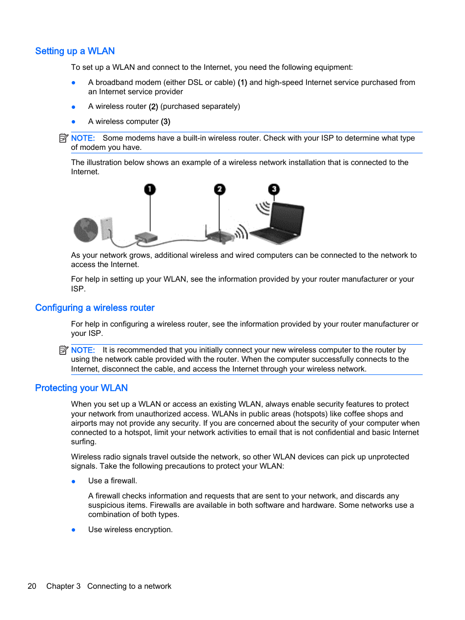 Setting up a wlan, Configuring a wireless router, Protecting your wlan | HP Pavilion 15-p020ca Notebook PC User Manual | Page 32 / 83