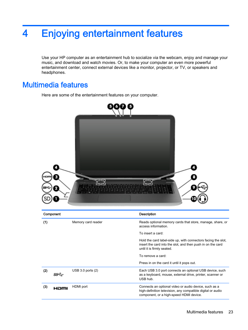 Enjoying entertainment features, Multimedia features, 4 enjoying entertainment features | 4enjoying entertainment features | HP Pavilion 15-p020ca Notebook PC User Manual | Page 35 / 83