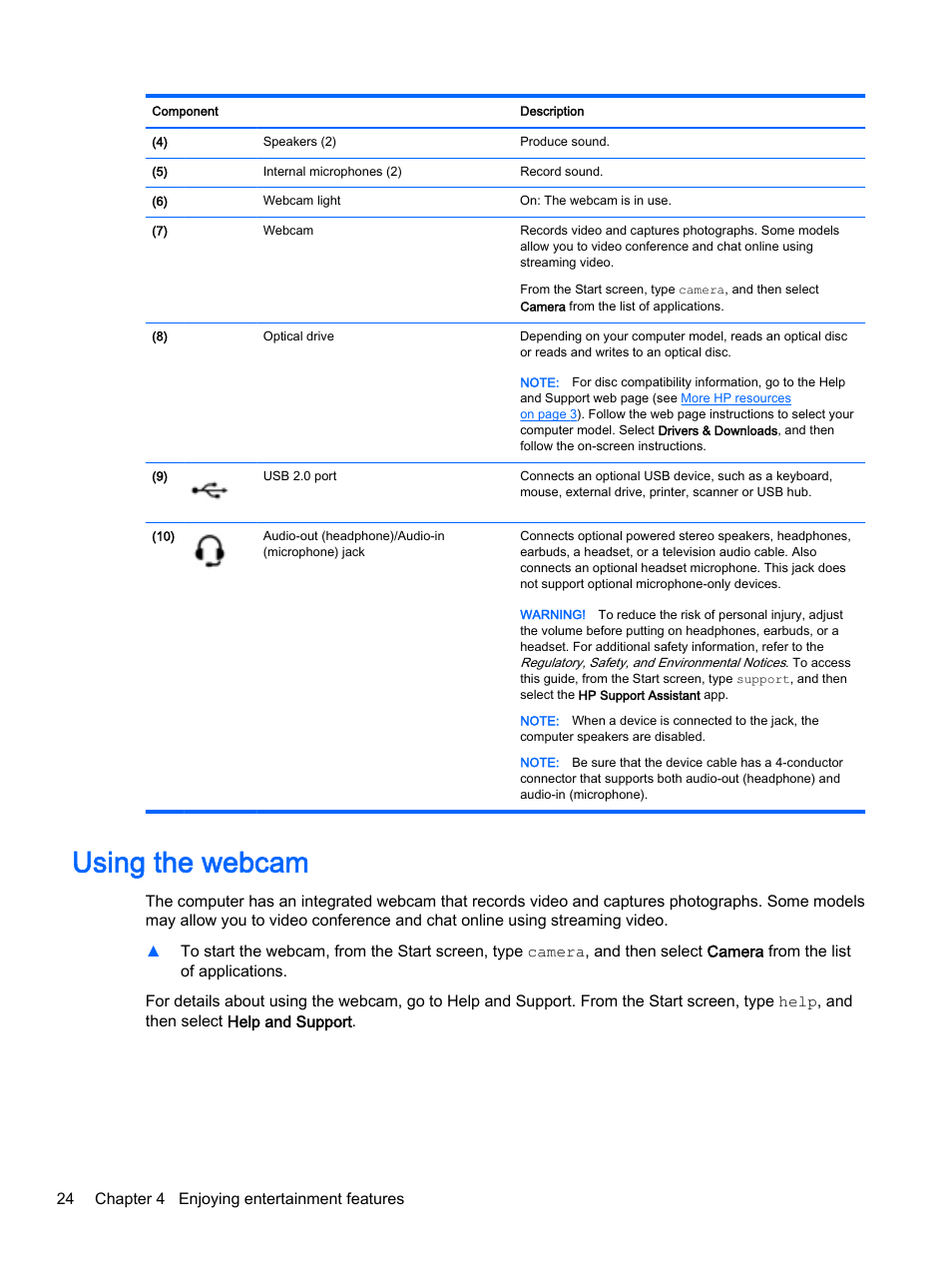Using the webcam | HP Pavilion 15-p020ca Notebook PC User Manual | Page 36 / 83