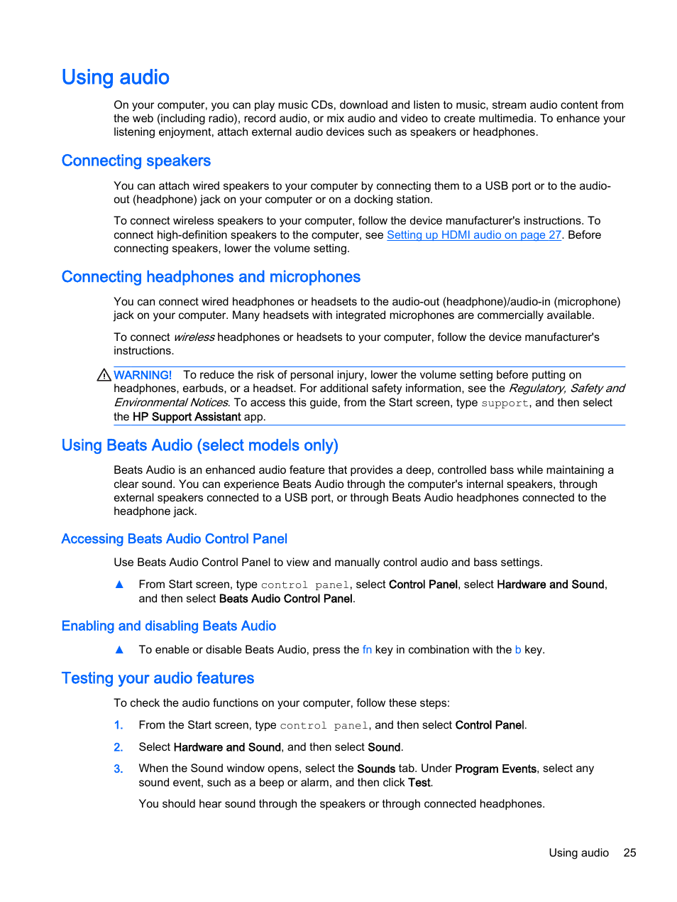Using audio, Connecting speakers, Connecting headphones and microphones | Using beats audio (select models only), Accessing beats audio control panel, Enabling and disabling beats audio, Testing your audio features | HP Pavilion 15-p020ca Notebook PC User Manual | Page 37 / 83