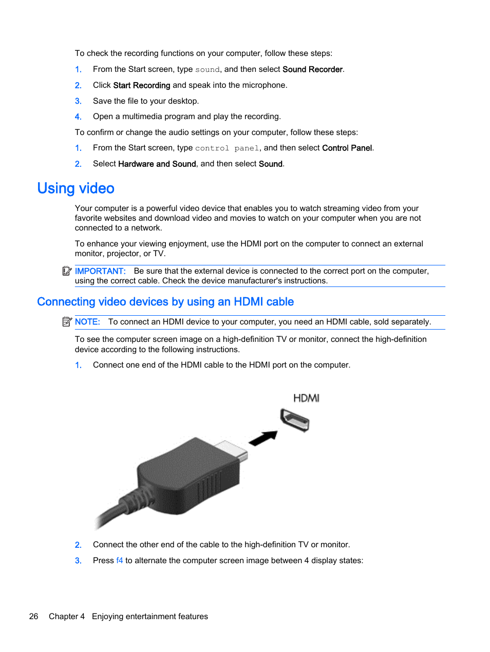 Using video, Connecting video devices by using an hdmi cable, Connecting | HP Pavilion 15-p020ca Notebook PC User Manual | Page 38 / 83