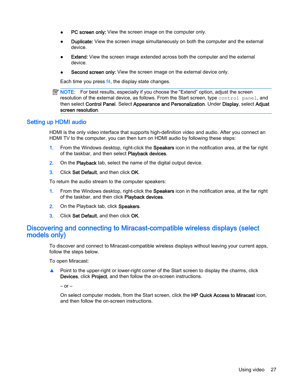 Setting up hdmi audio | HP Pavilion 15-p020ca Notebook PC User Manual | Page 39 / 83